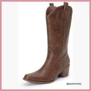 Faux Leather Square Toe Mid Calf Western Boots with 2.36-Inch Block Heel